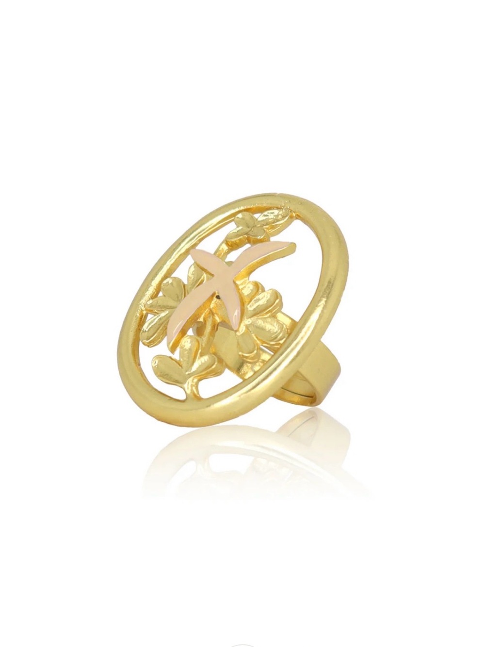 Gold Floral Circle Fashion Ring with Pink Accent